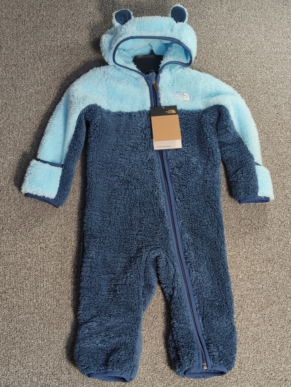 NWT The North Face Baby Bear Fleece Hooded One-Piece Suit - Shady Blue - Onesie
